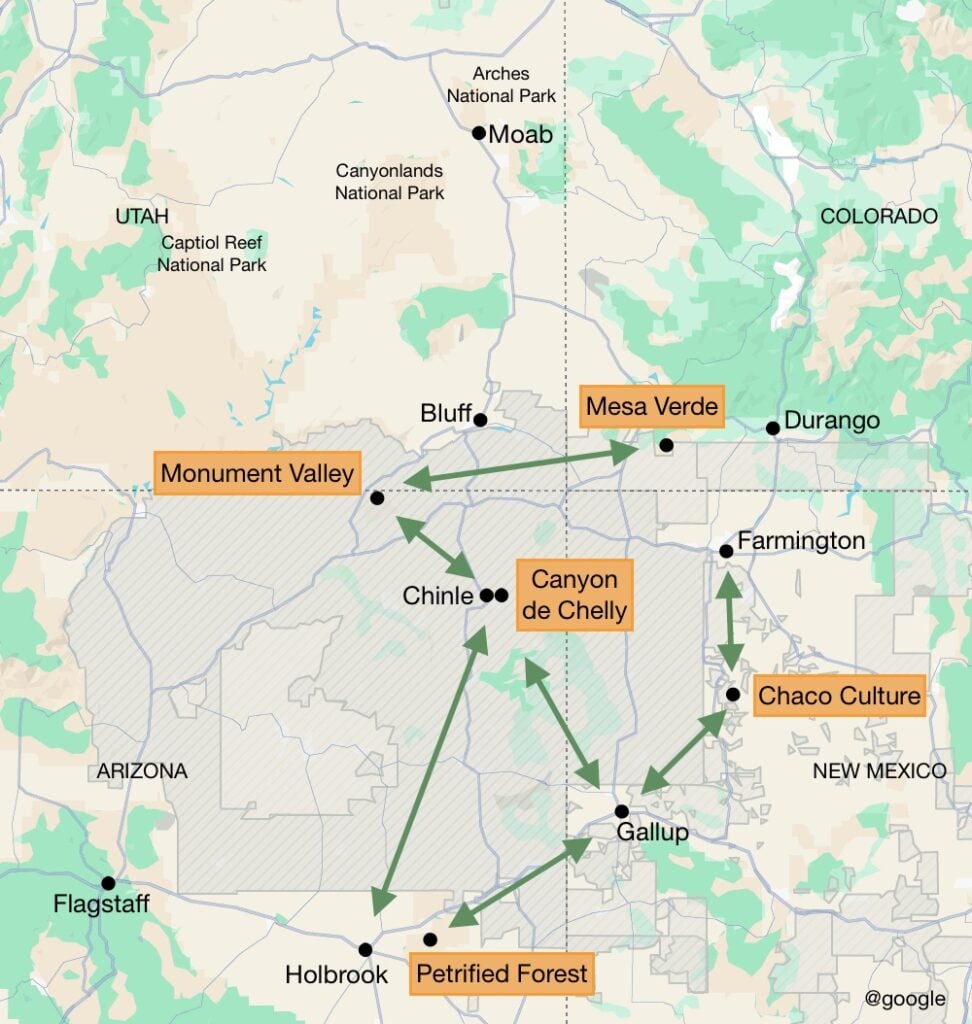 map of Four Corners road trip